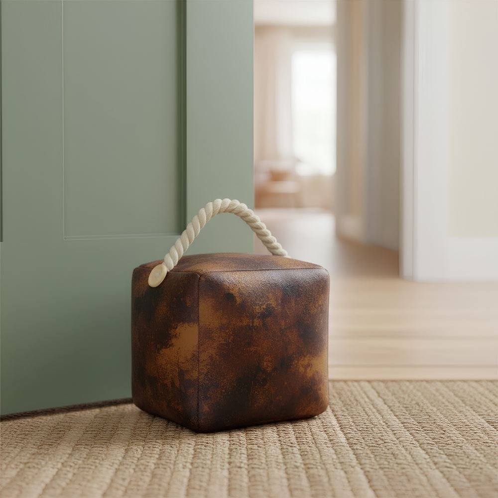 Weighted Faux Leather Doorstop, 16cm Rustic Door Stop with Rope Handle - Doorstop