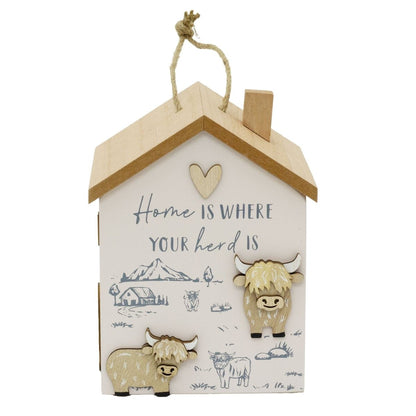 Wooden House Door Stop | 19cm House Shaped Wooden Highland Cow Doorstop - Doorstop