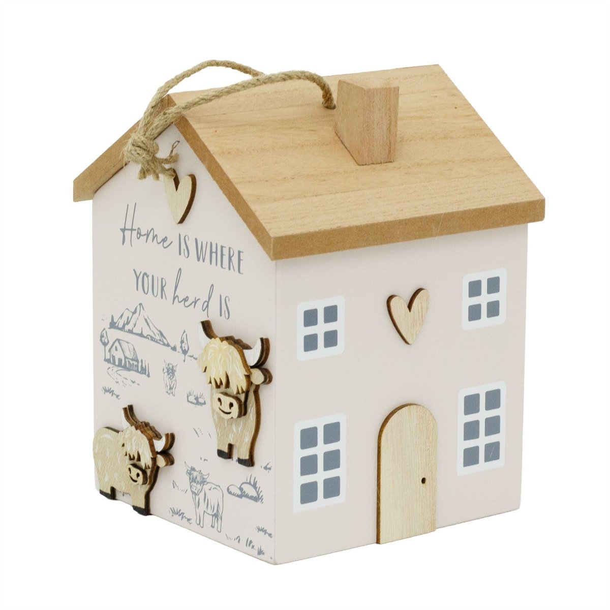 Wooden House Door Stop | 19cm House Shaped Wooden Highland Cow Doorstop - Doorstop