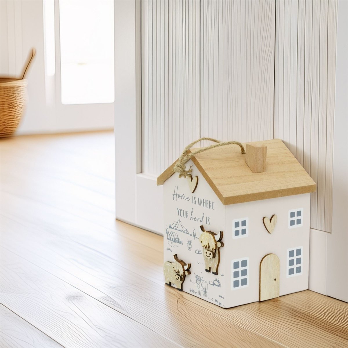 Wooden House Door Stop | 19cm House Shaped Wooden Highland Cow Doorstop - Doorstop