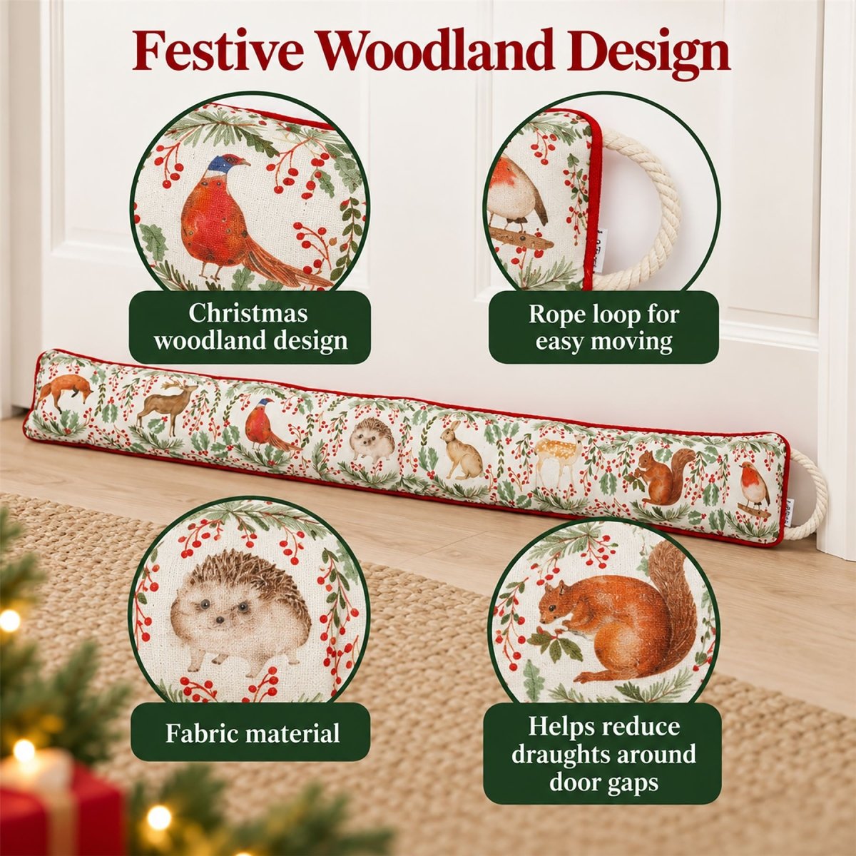Woodland Animal Christmas Draught Excluder, 94cm Festive Door Draught Stopper - Draught Excluder