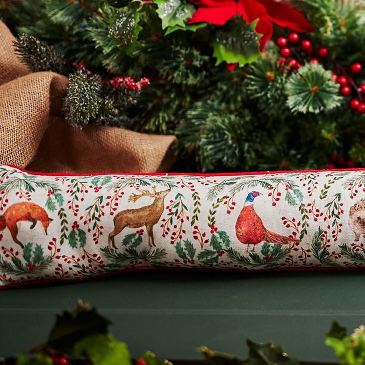 Woodland Animal Christmas Draught Excluder, 94cm Festive Door Draught Stopper - Draught Excluder